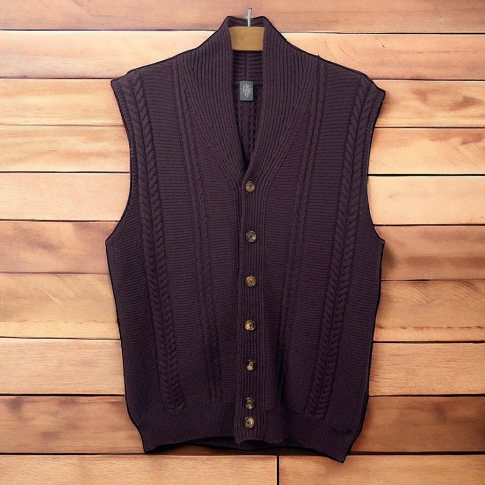 * Eleventy 100% Wool Wine Cableknit Button Front Sweater Vest Size XL